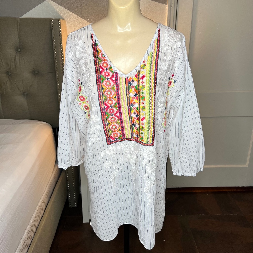 Johnny Was Ovett Tee Shirt, Floral Embroidery, Small Navy Stripes